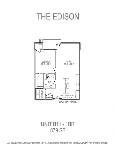 Floor plan for 1 bed, 1 bath, 879 sqft